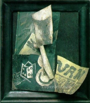 Glass and newspaper 1914 cubist Pablo Picasso Oil Paintings